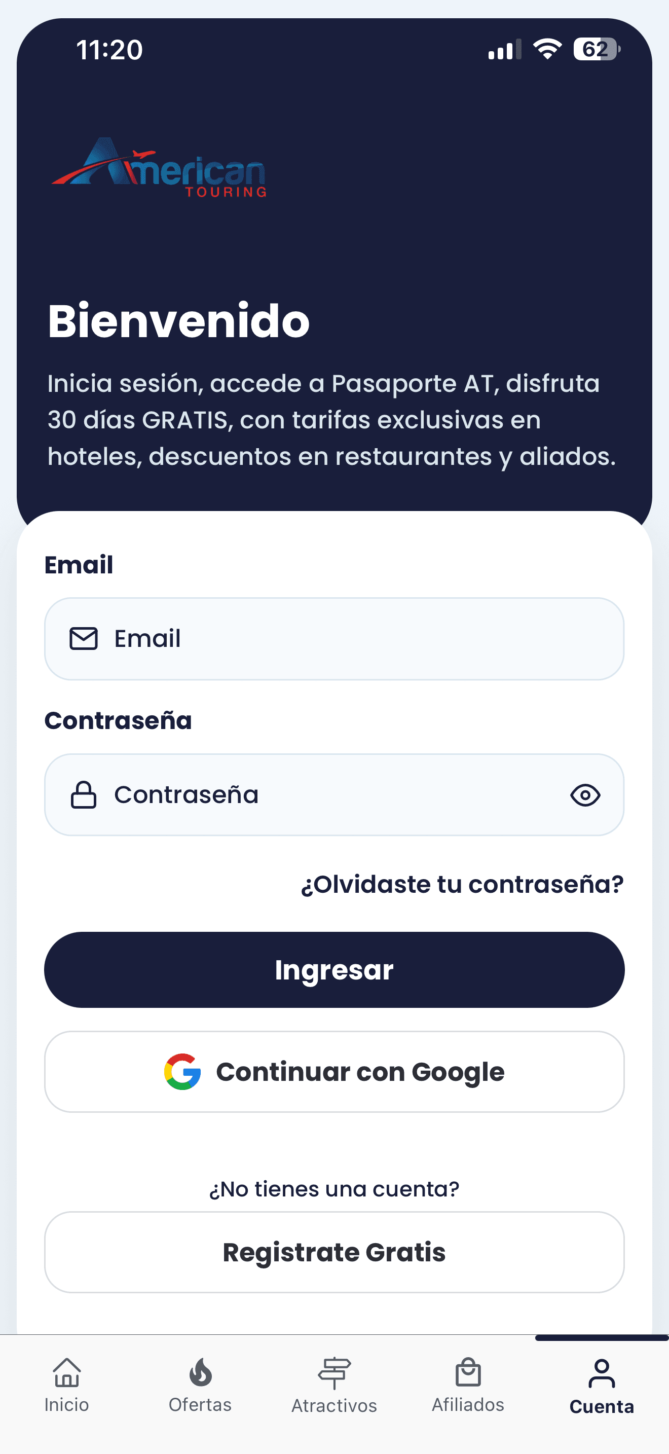Pantalla de cuenta de American Touring